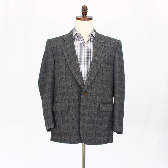 Korean Vintage 1980s 42R Gray Blazer Sport Coat Jacket 2-Button Check Y219
